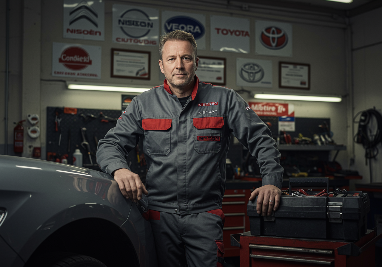 "Mecánico profesional en taller automotriz organizado, con uniforme de Citroën, Nissan, Peugeot y Toyota, junto a herramientas y certificados en la pared."