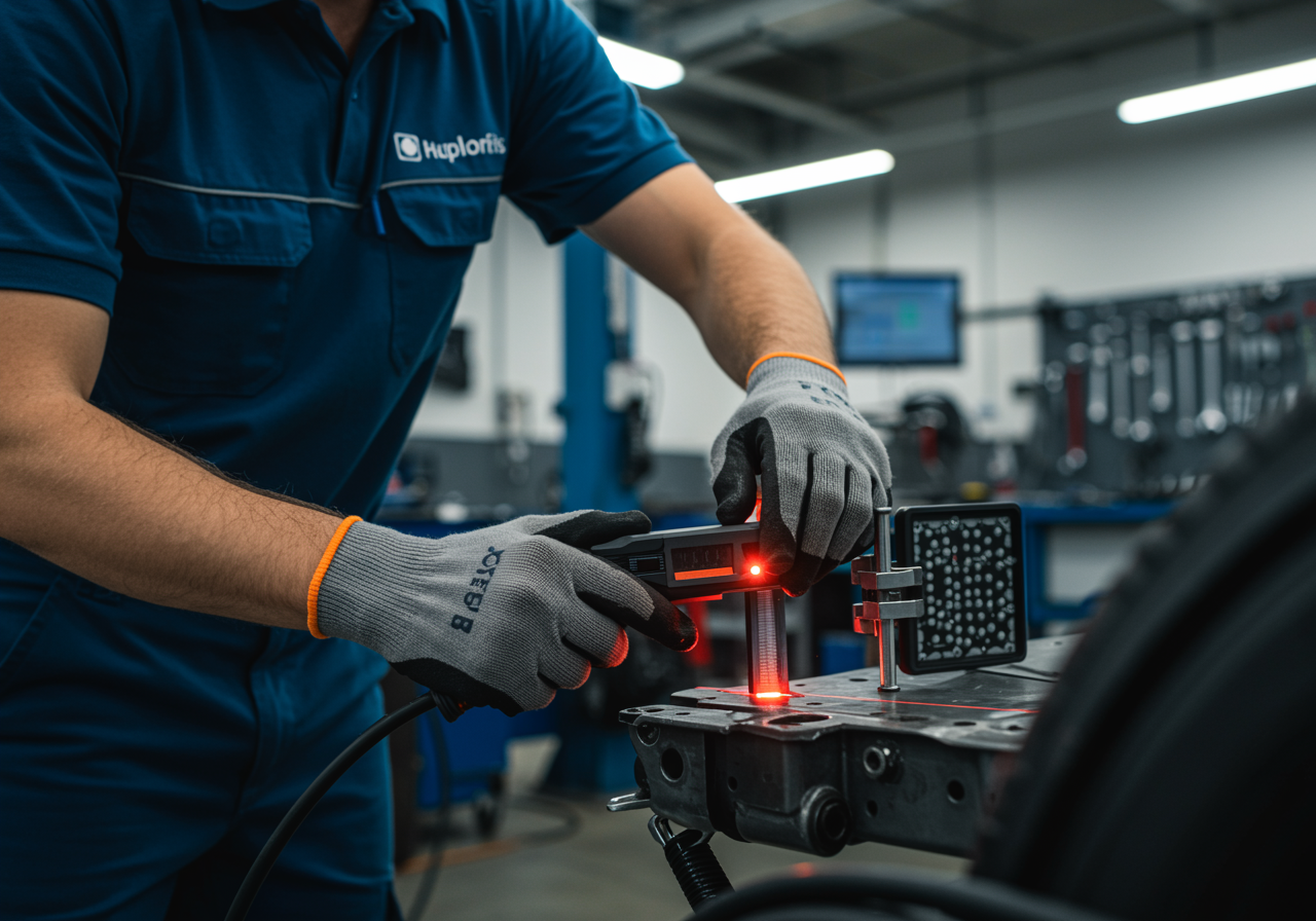 "Primer plano realista de un técnico masculino alineando un chasis de automóvil con un calibrador digital en un taller, destacando precisión y procedimientos técnicos avanzados."