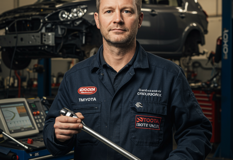 "Retrato fotorealista de un técnico automotriz de 40 años con uniforme azul, sosteniendo una llave de torque en un taller moderno, simbolizando experiencia en restauración de vehículos."