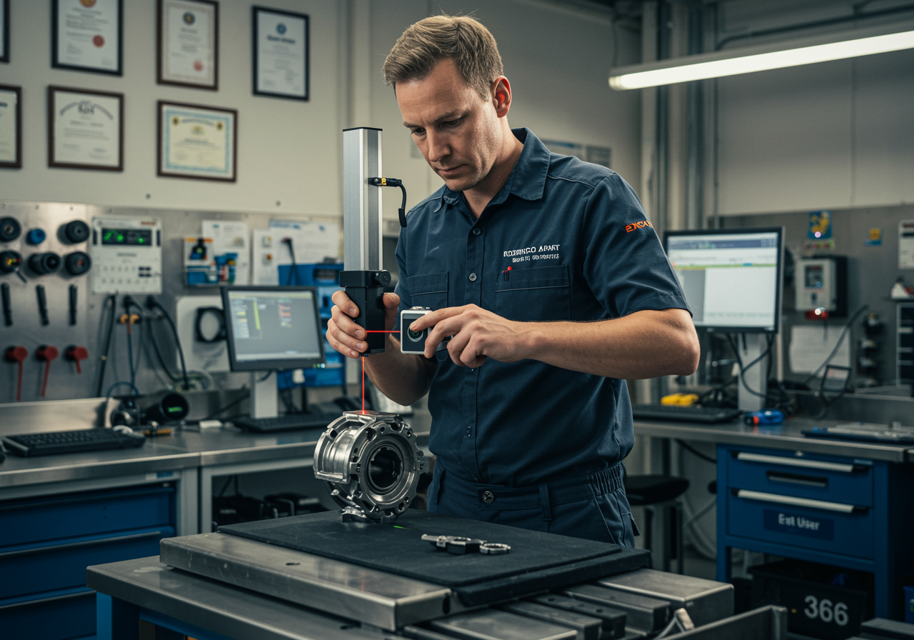 "Ilustración digital que destaca a Rodrigo Parra, especialista en precisión automotriz, utilizando una herramienta láser en un taller moderno con certificados de calidad."