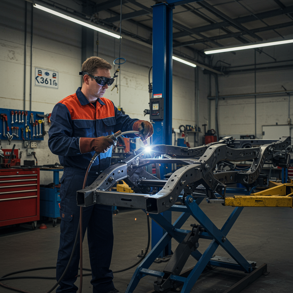 "Mecánico blanco restaurando un chasis de vehículo en un elevador pesado, con uniforme de marca y antorchas de soldadura en un taller ordenado."