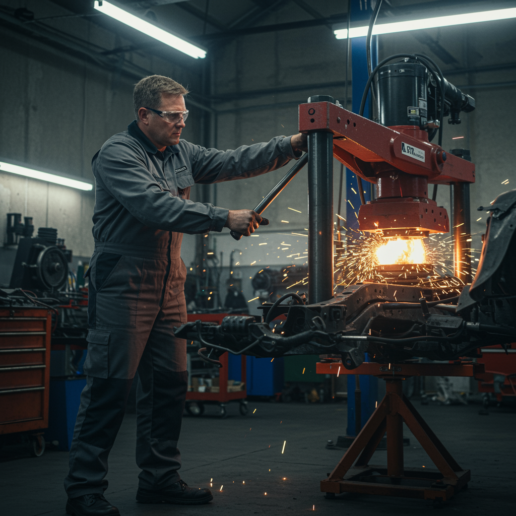 "Mecánico blanco utilizando una prensa hidráulica para realinear un chasis de vehículo dañado en un taller limpio y bien iluminado."