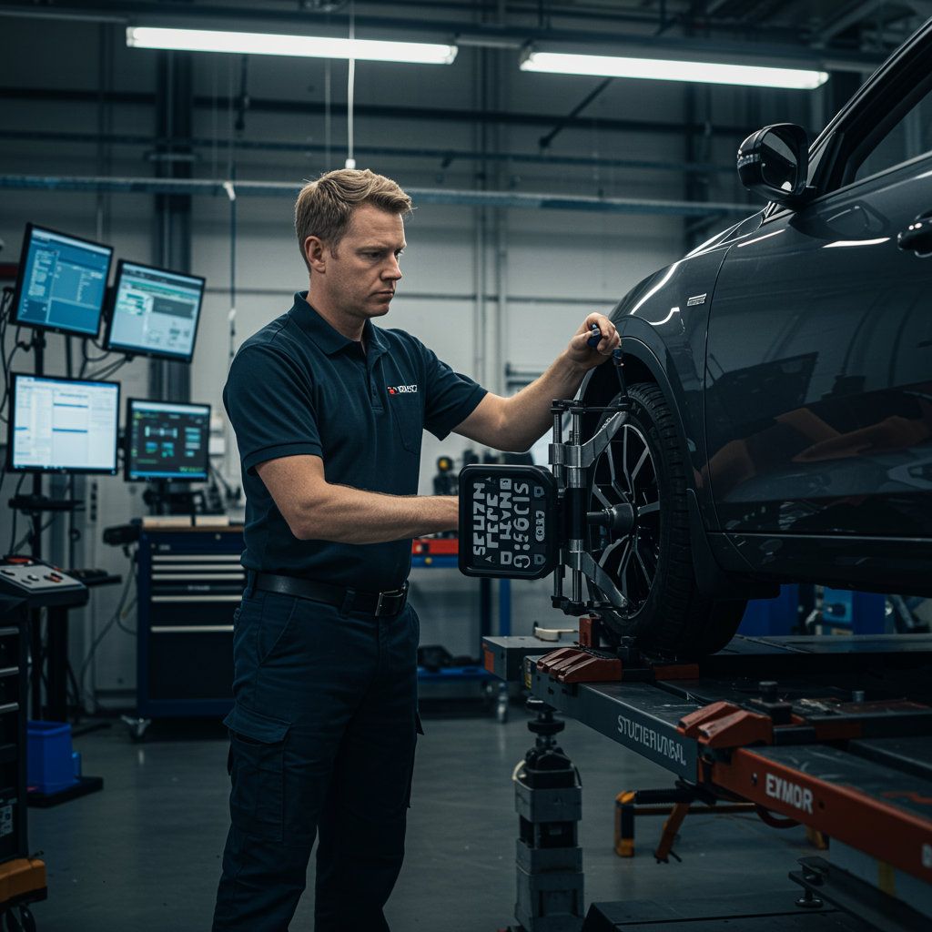 "Técnico masculino ajustando la alineación estructural de un chasis de automóvil con un sistema láser de alta precisión en un taller automotriz."