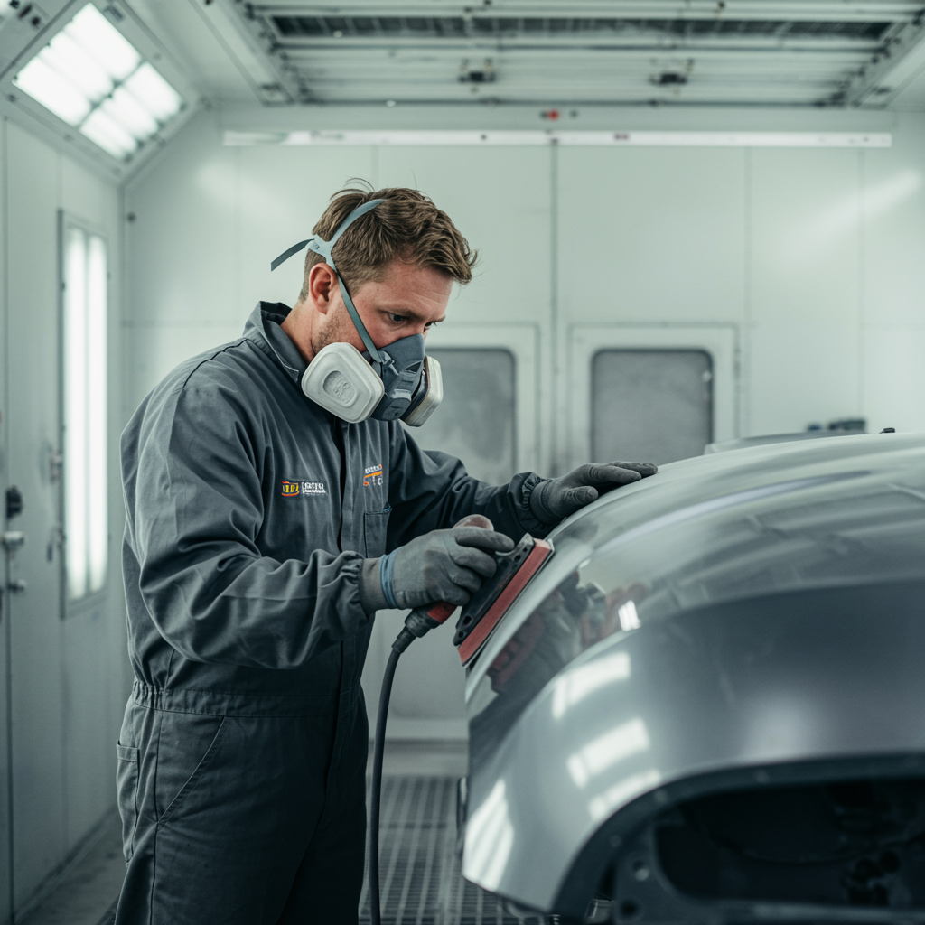 "Técnico hombre blanco en cabina de pintura, lijando meticulosamente la carrocería de un vehículo para restauración, con equipo de protección y logo de empresa visible."