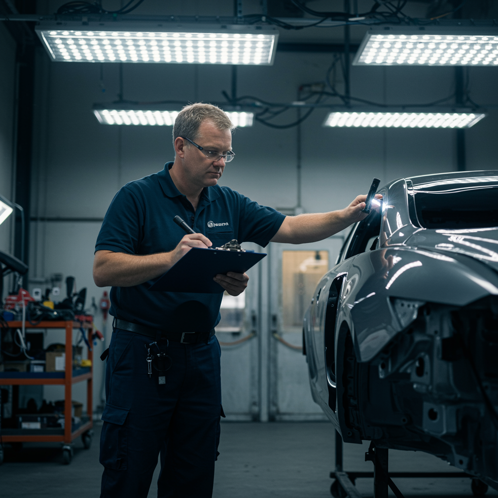 "Inspector de calidad masculino revisando un auto bajo luces LED en un taller limpio y profesional."
