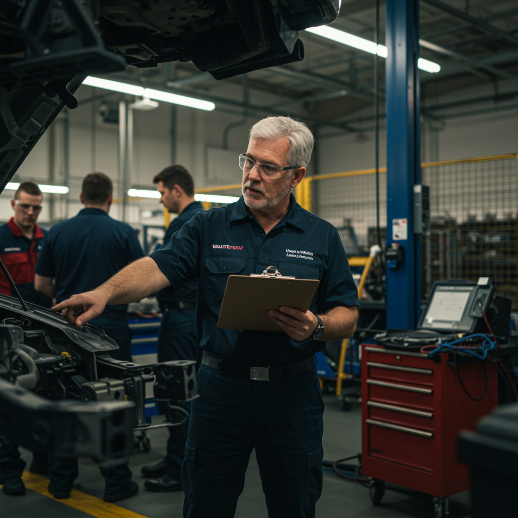 "Técnico automotriz masculino supervisando un equipo de mecánicos en un garage moderno, con un clipboard en mano y señalando pasos de reparación en un chasis de automóvil."