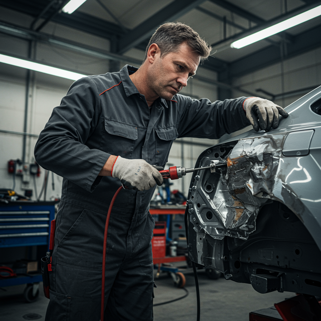 "Mecánico profesional reparando un panel de carrocería dañado en un taller automotriz, destacando su destreza en restauración de daños con herramientas especializadas."