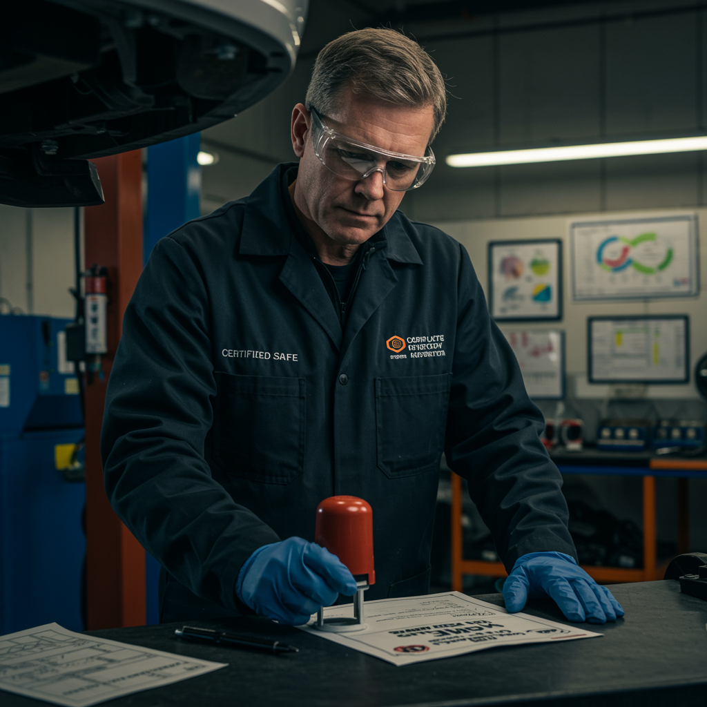 "Inspector masculino certificando un vehículo reparado con un sello 'Certificado Seguro' en un entorno profesional, rodeado de herramientas y documentos de cumplimiento."